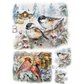 Winter scene with sparrows, cardinals and a cabin.