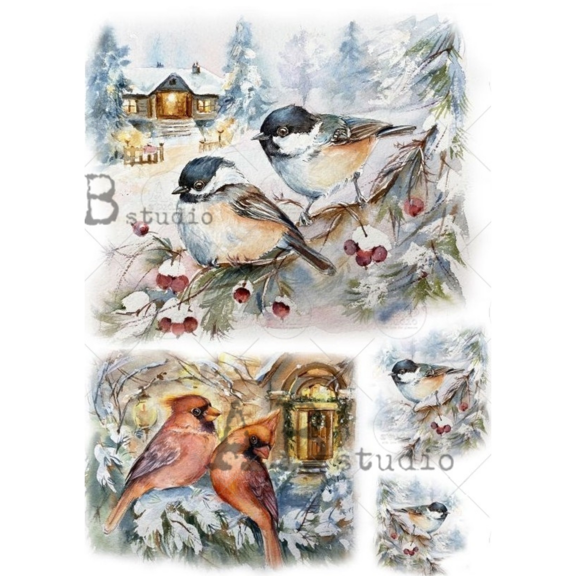 Winter scene with sparrows, cardinals and a cabin.