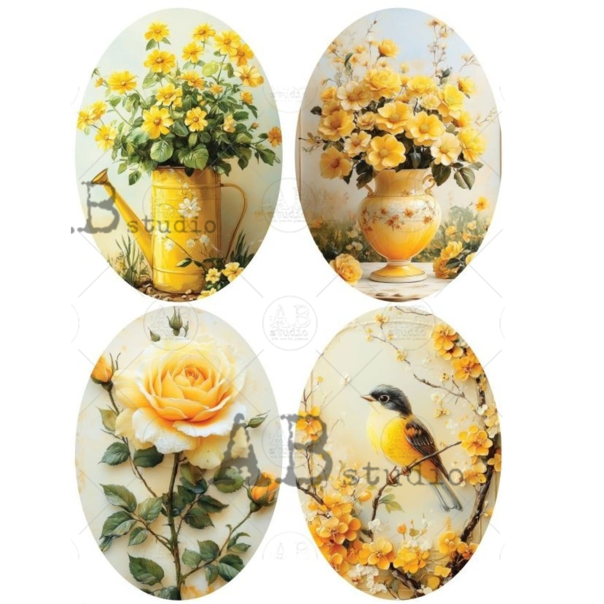 Four oval-shaped decorative items with yellow floral designs on a white background.