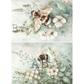 Two illustrations of bees on flowers on a blue background.