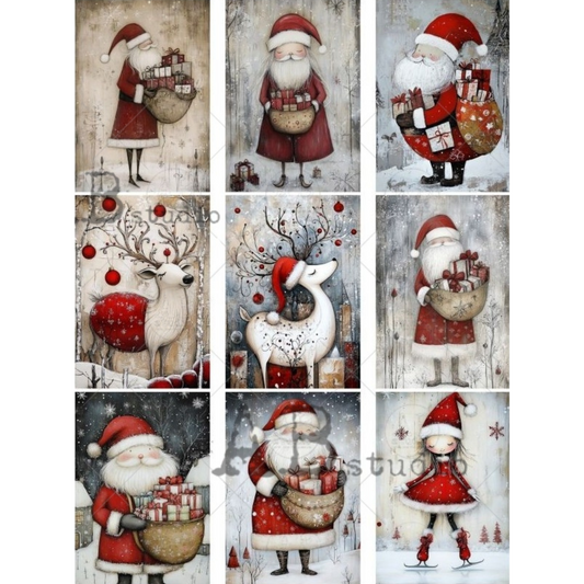 Collage of Christmas-themed illustrations featuring Santa Claus, reindeer, and other holiday characters.