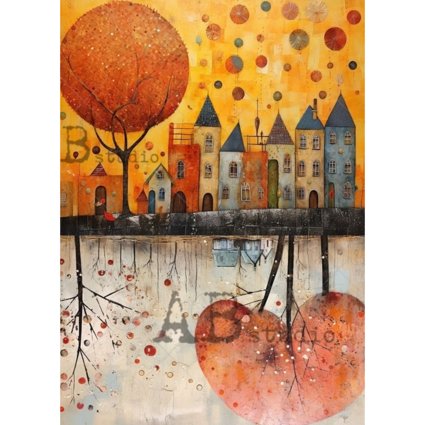 A colorful abstract painted image of houses, trees, and circles on a yellow-orange background, with a mirrored lower section showing tree branches and red circular forms. 
