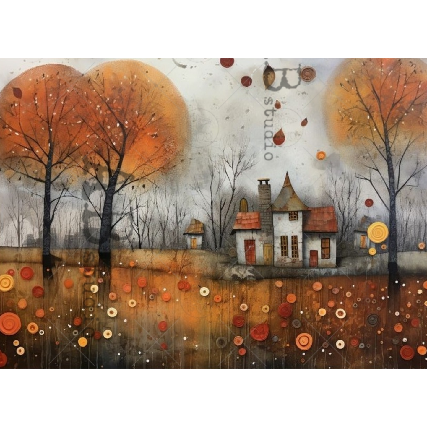 An autumn landscape painting featuring small houses, bare trees with orange foliage, and scattered circular motifs across a textured background.