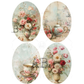 Set of four oval-shaped decorative items featuring floral and teapot designs.