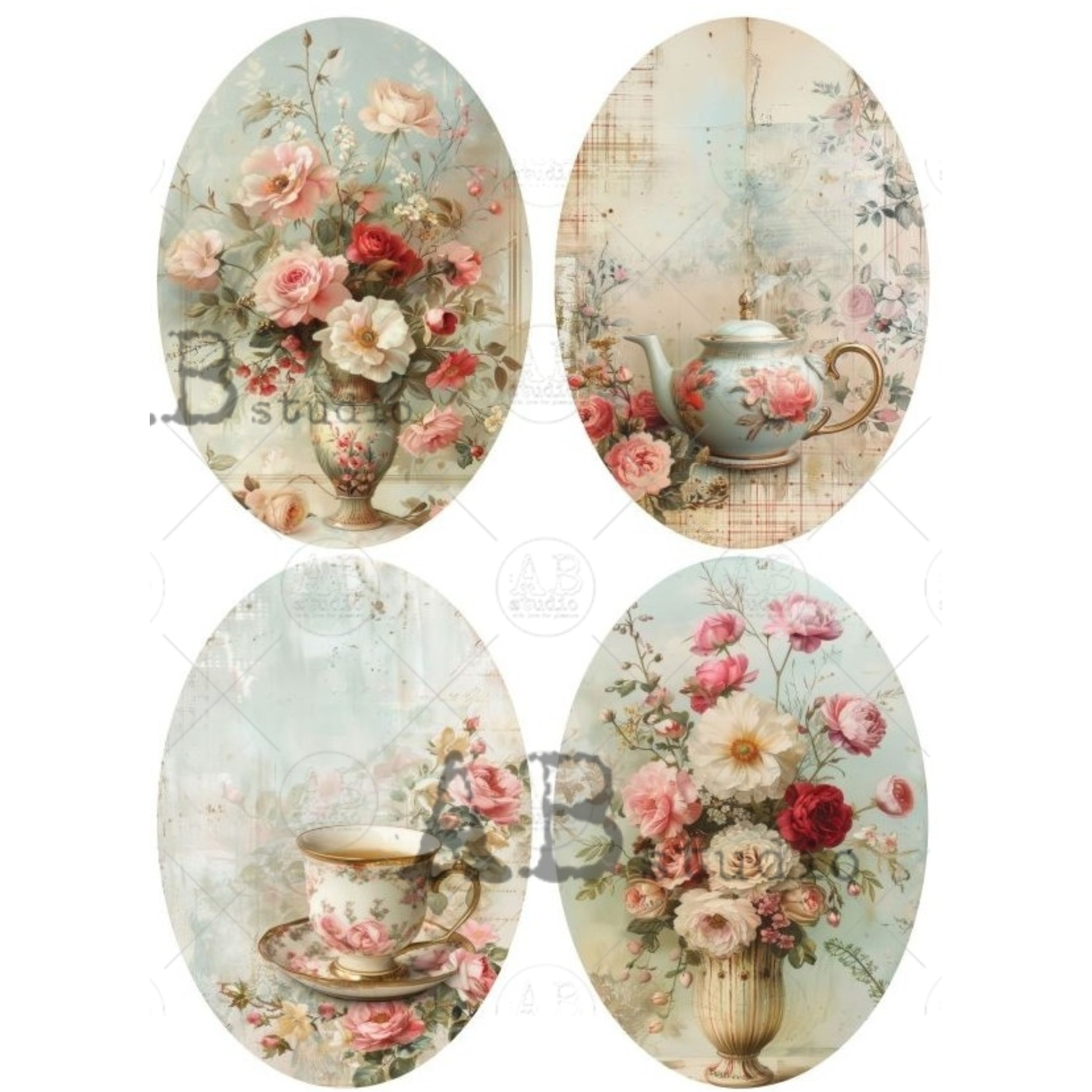 Set of four oval-shaped decorative items featuring floral and teapot designs.