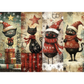 A festive Christmas-themed art print featuring four unique images of black cats wearing Santa hats, scarves, and snowman outfits, standing on wrapped gifts and snowy ground against a vintage collage background.