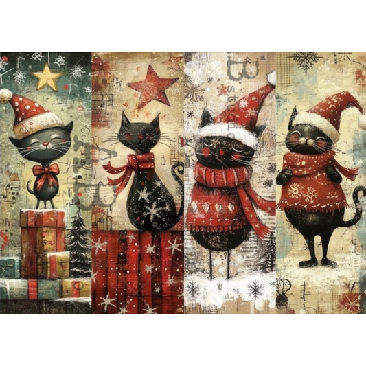 A festive Christmas-themed art print featuring four unique images of black cats wearing Santa hats, scarves, and snowman outfits, standing on wrapped gifts and snowy ground against a vintage collage background.
