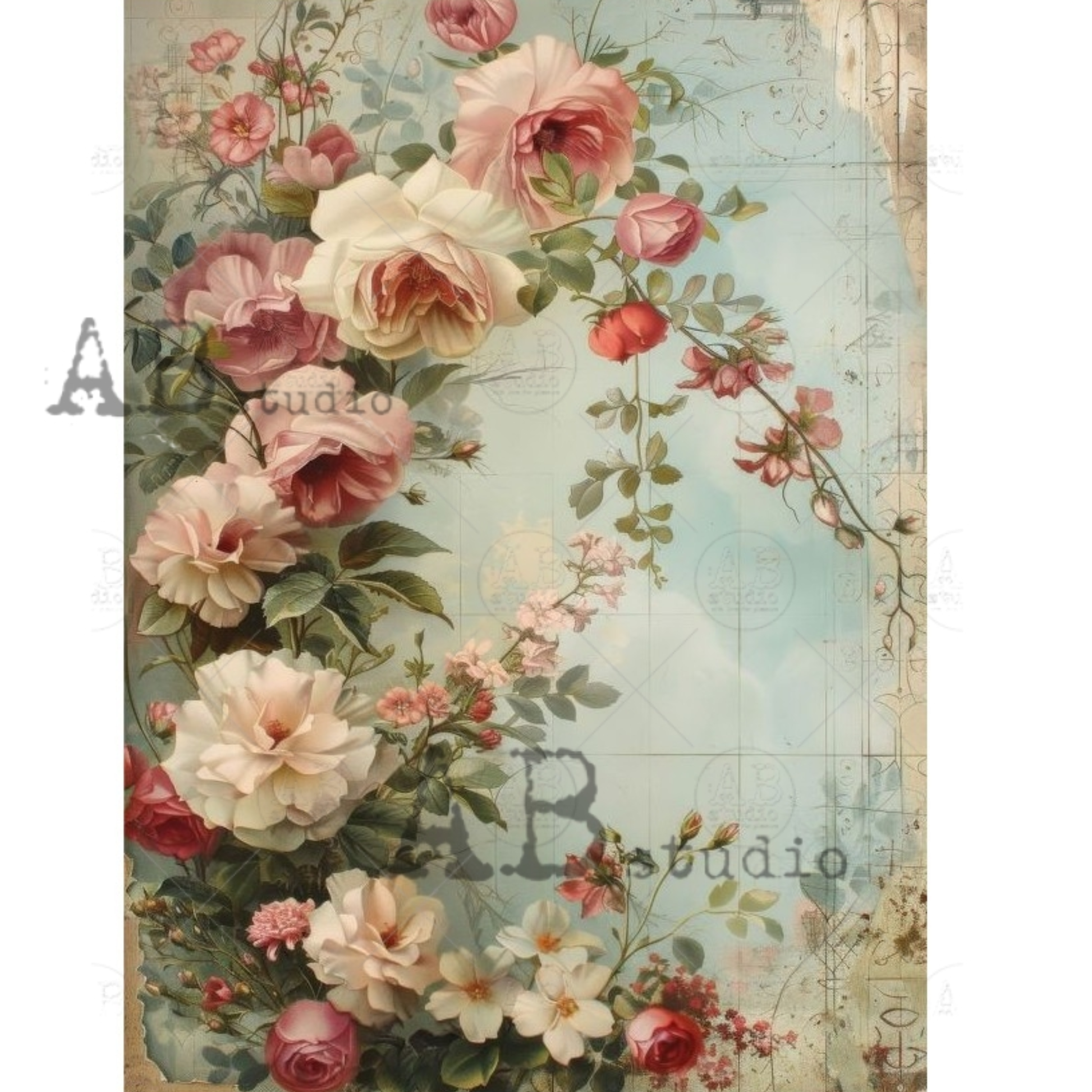 Vintage-style floral design with roses on a textured background.