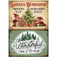 Decorative pair of vintage holiday signs with Christmas theme featuring elves, a gingerbread house, and Christmas tree.