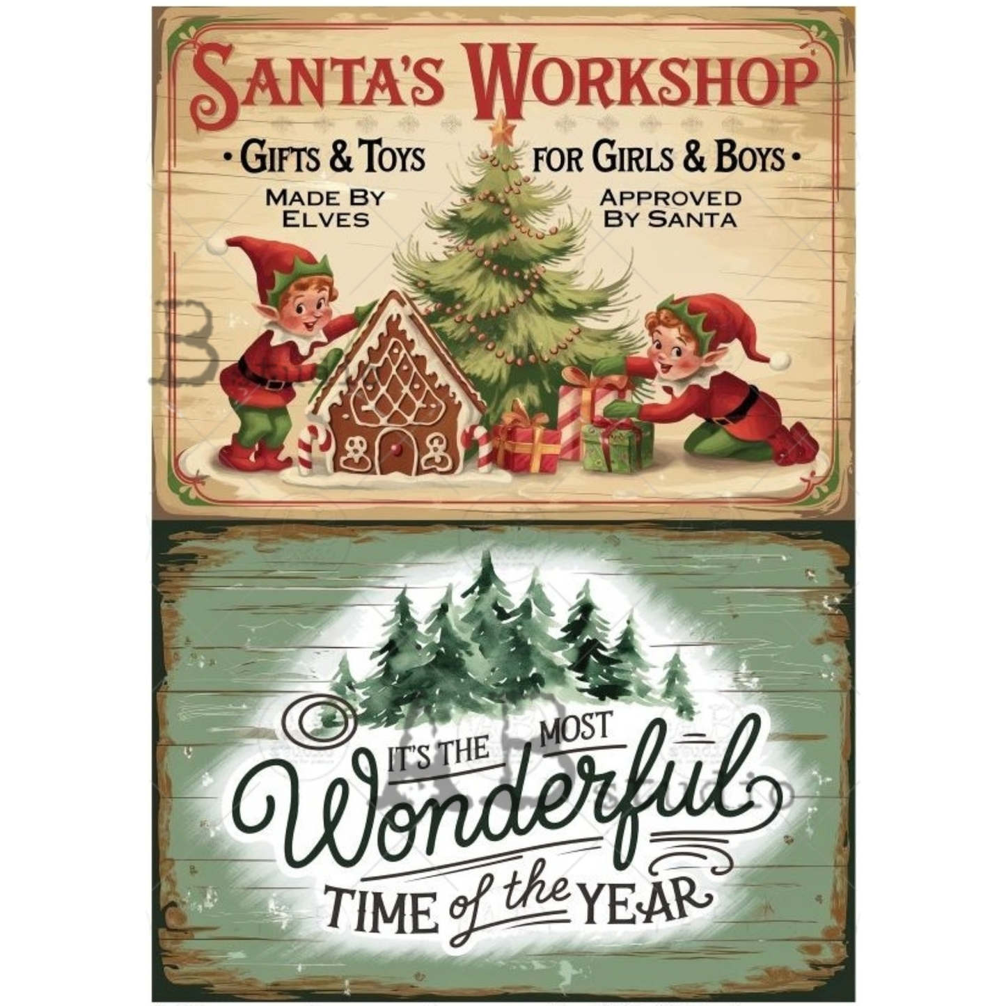 Decorative pair of vintage holiday signs with Christmas theme featuring elves, a gingerbread house, and Christmas tree.