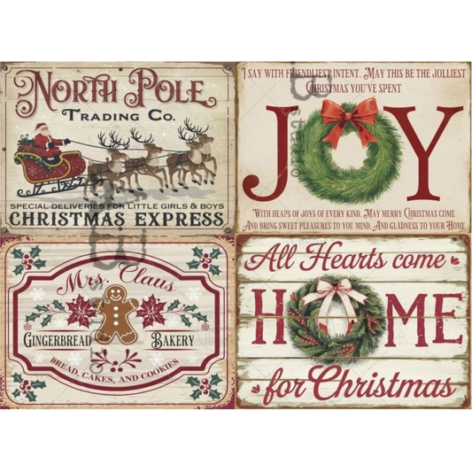 4 images of retro style Christmas signs featuring red and green print on a wooden board background.