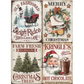 Four Christmas-themed signs with vintage-style graphics and text.