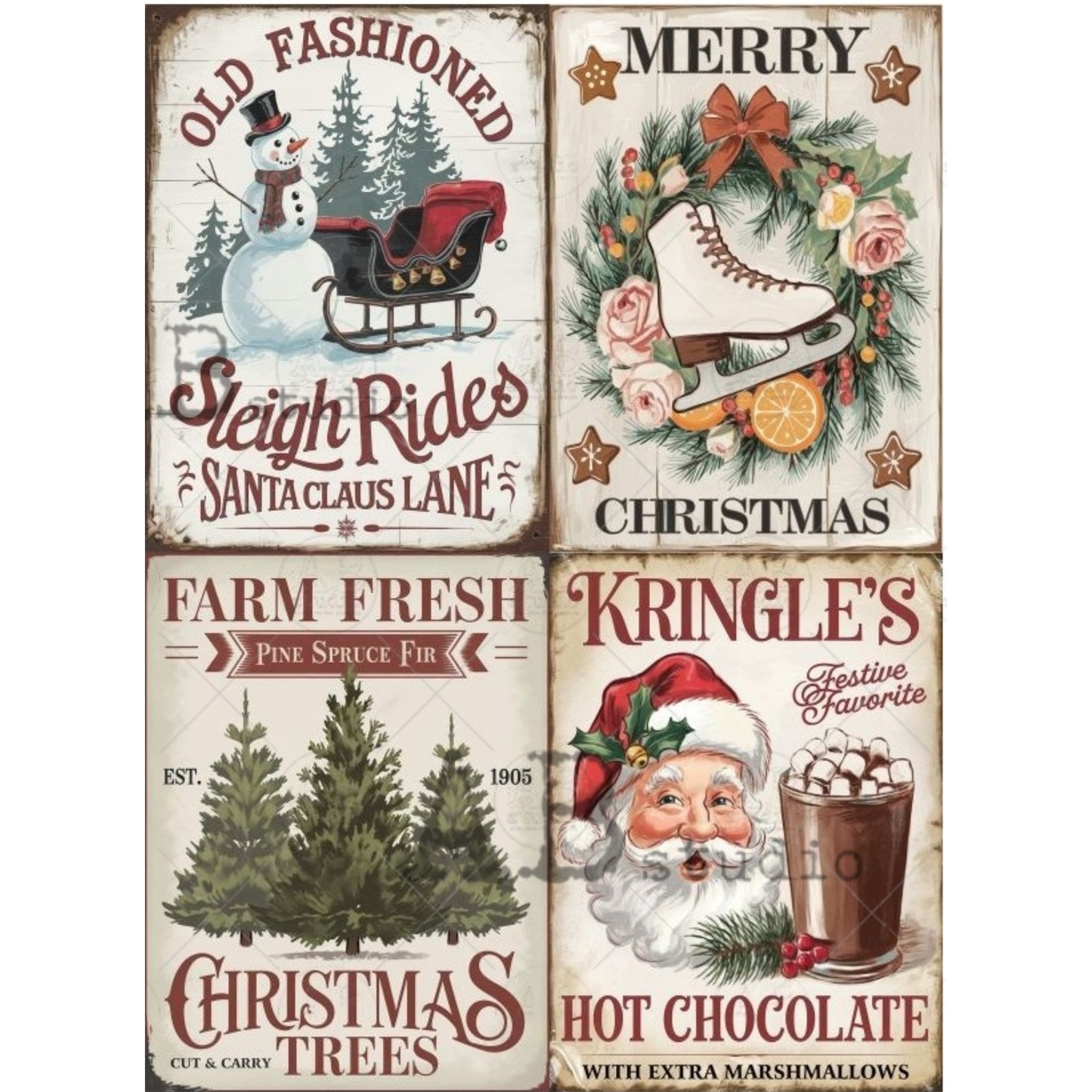 Four Christmas-themed signs with vintage-style graphics and text.