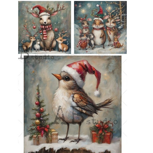 Set of Christmas-themed illustrations featuring deer and a bird with festive decorations.