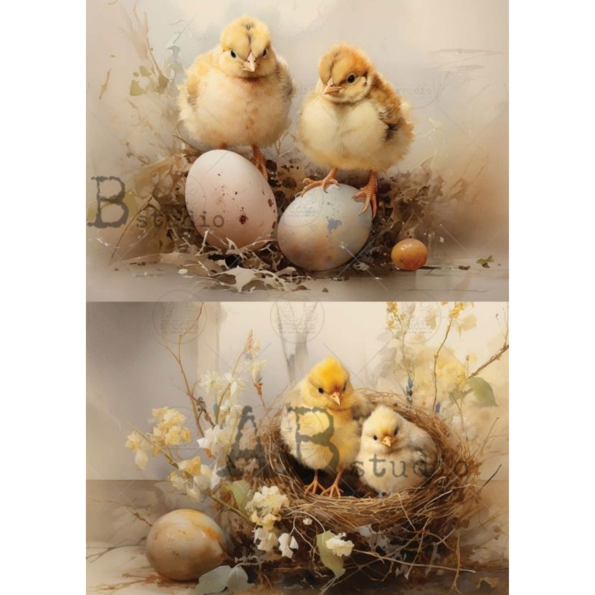 Two images of two baby chicks with eggs and flowers in a nest on a textured background.
