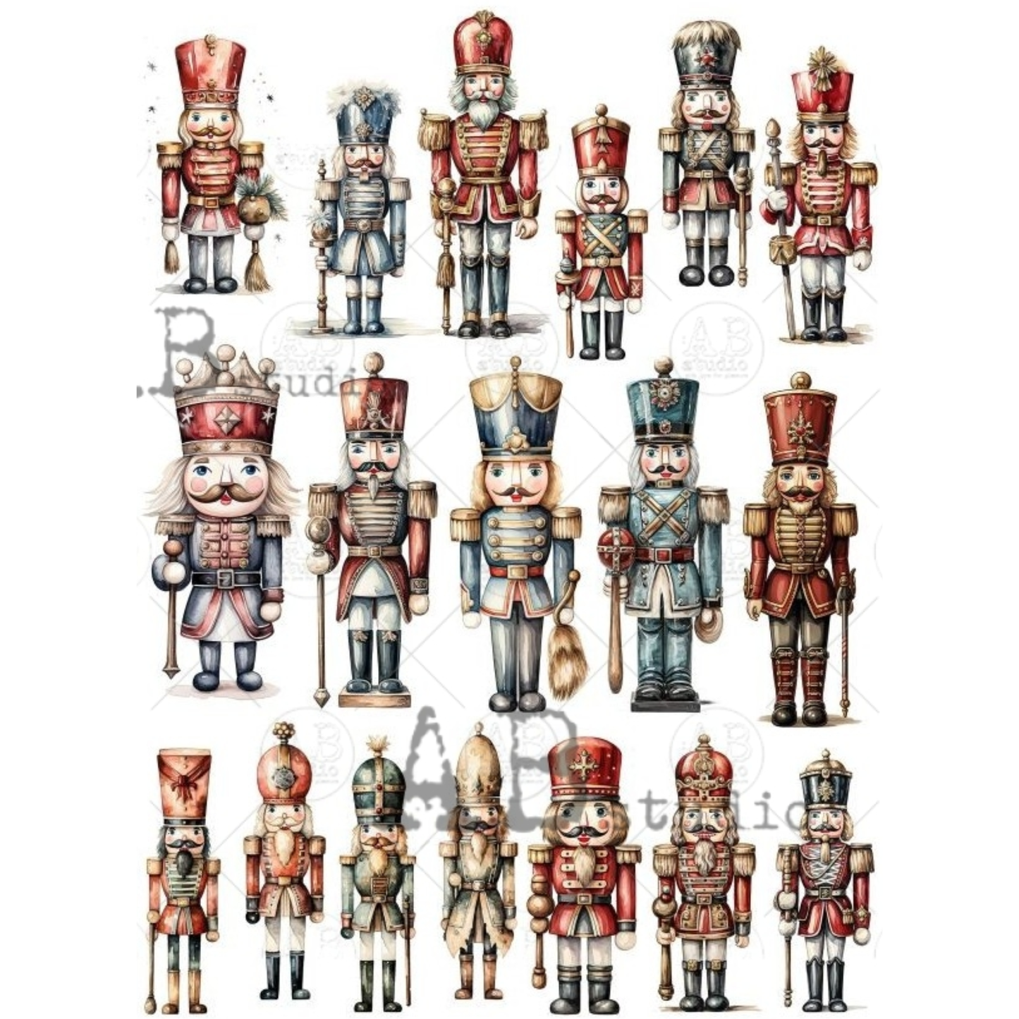Collection of decorative nutcrackers in various poses and colors on a white background.