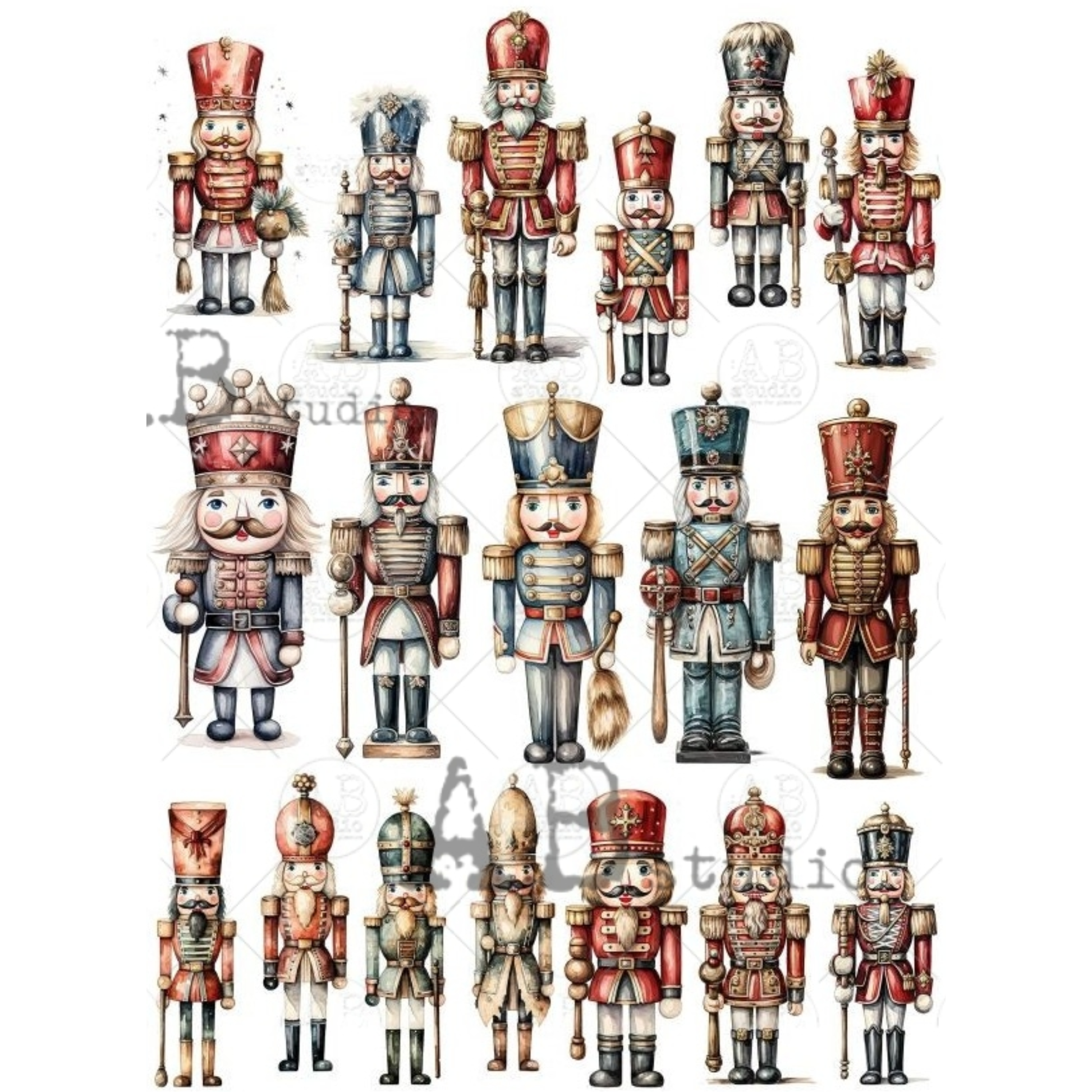 Collection of decorative nutcrackers in various poses and colors on a white background.
