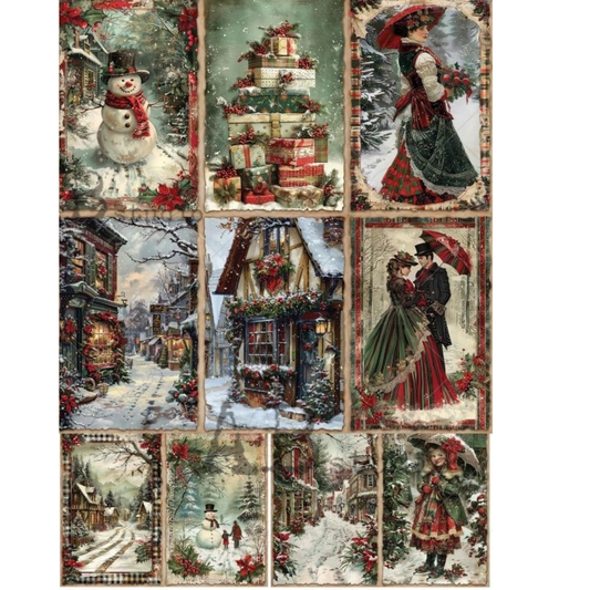 Collage of Victorian Christmas-themed scenes including a snowman, gift boxes, a couple, and a village street.