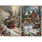 Two Winter scenes with a steam train and a house in the snow, featuring Christmas decorations.