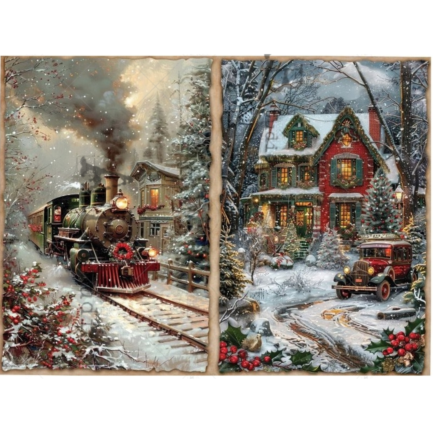Two Winter scenes with a steam train and a house in the snow, featuring Christmas decorations.