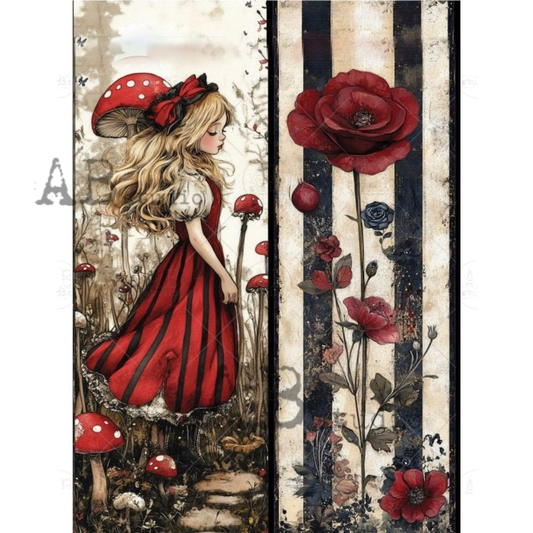Illustration of a girl in a red dress and hat among flowers and mushrooms.