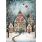 A whimsical winter village scene with several small houses, bare trees, snow, and red ornaments in the sky. 