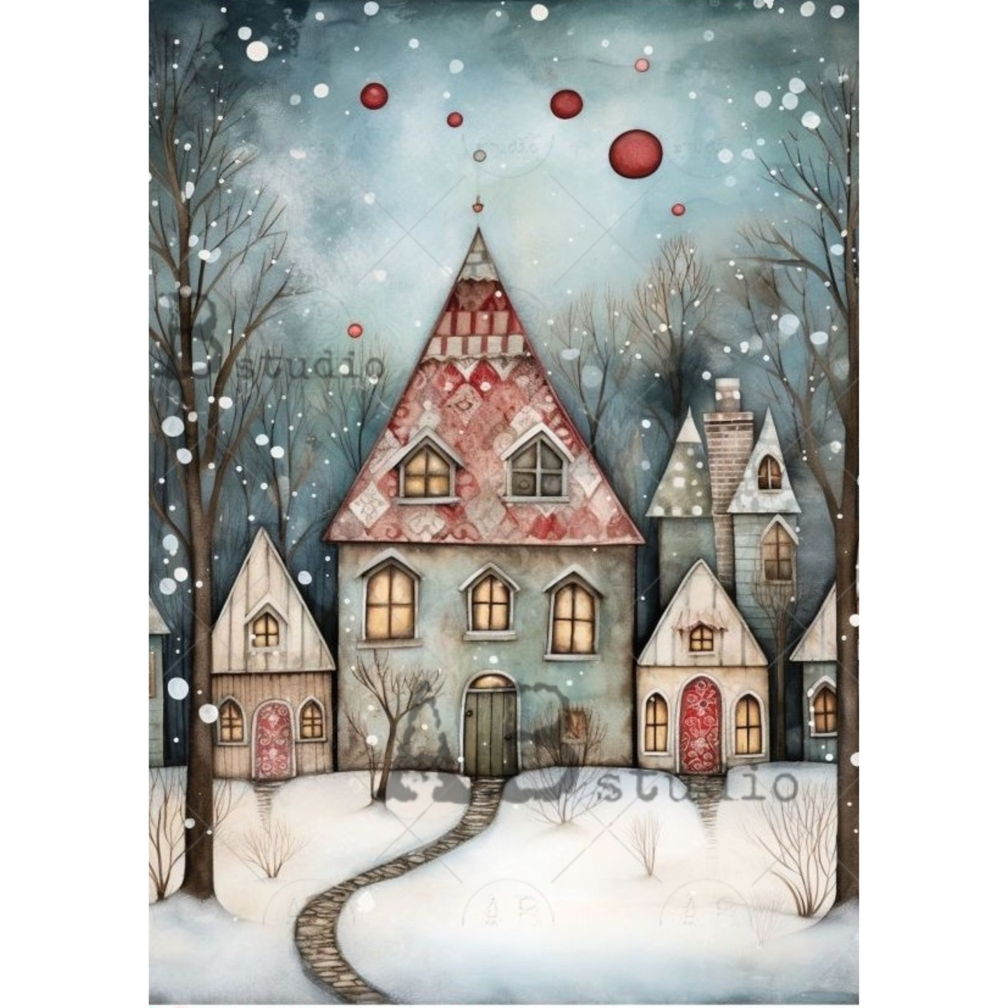A whimsical winter village scene with several small houses, bare trees, snow, and red ornaments in the sky. 