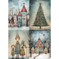 A four-panel design featuring snow-covered houses with red roofs, a decorated Christmas tree, and three children standing in a snowy forest under falling snow.