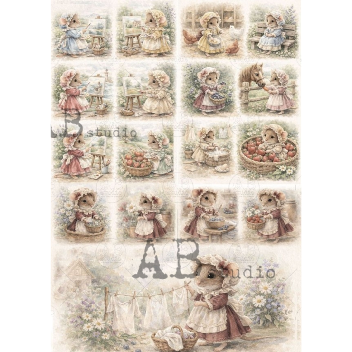 Sheet of vintage-style illustrations featuring a mouse in female clothing in varous country themed activities.