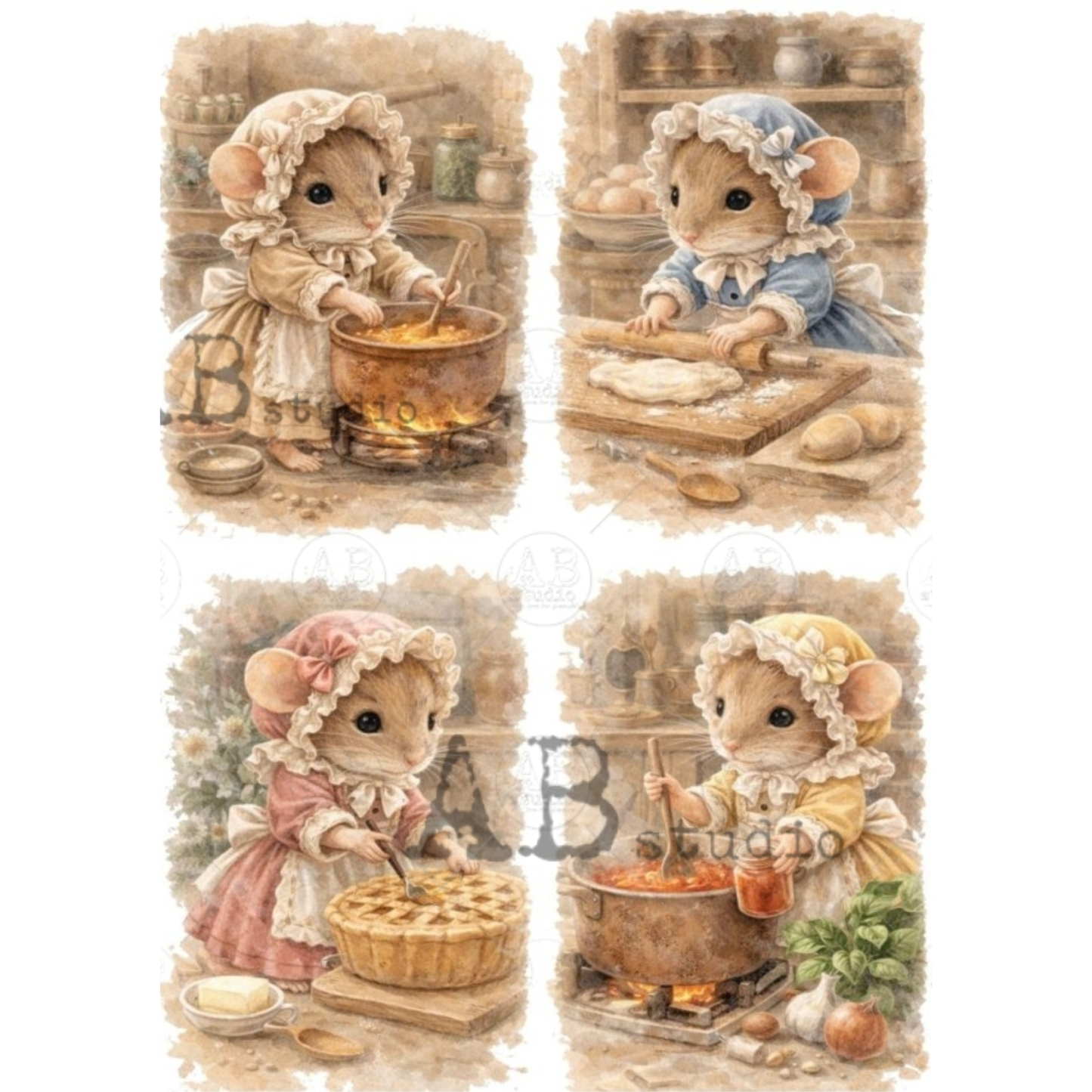 Four illustrations of a mouse in different activities with kitchen items.
