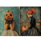 A vintage-style diptych art print featuring two gothic figures. On the left, a woman in a yellow dress holds a carved orange pumpkin to her face against a distressed teal background. On the right, a woman in a gothic style dress sits in a pumpkin and poppy patch.