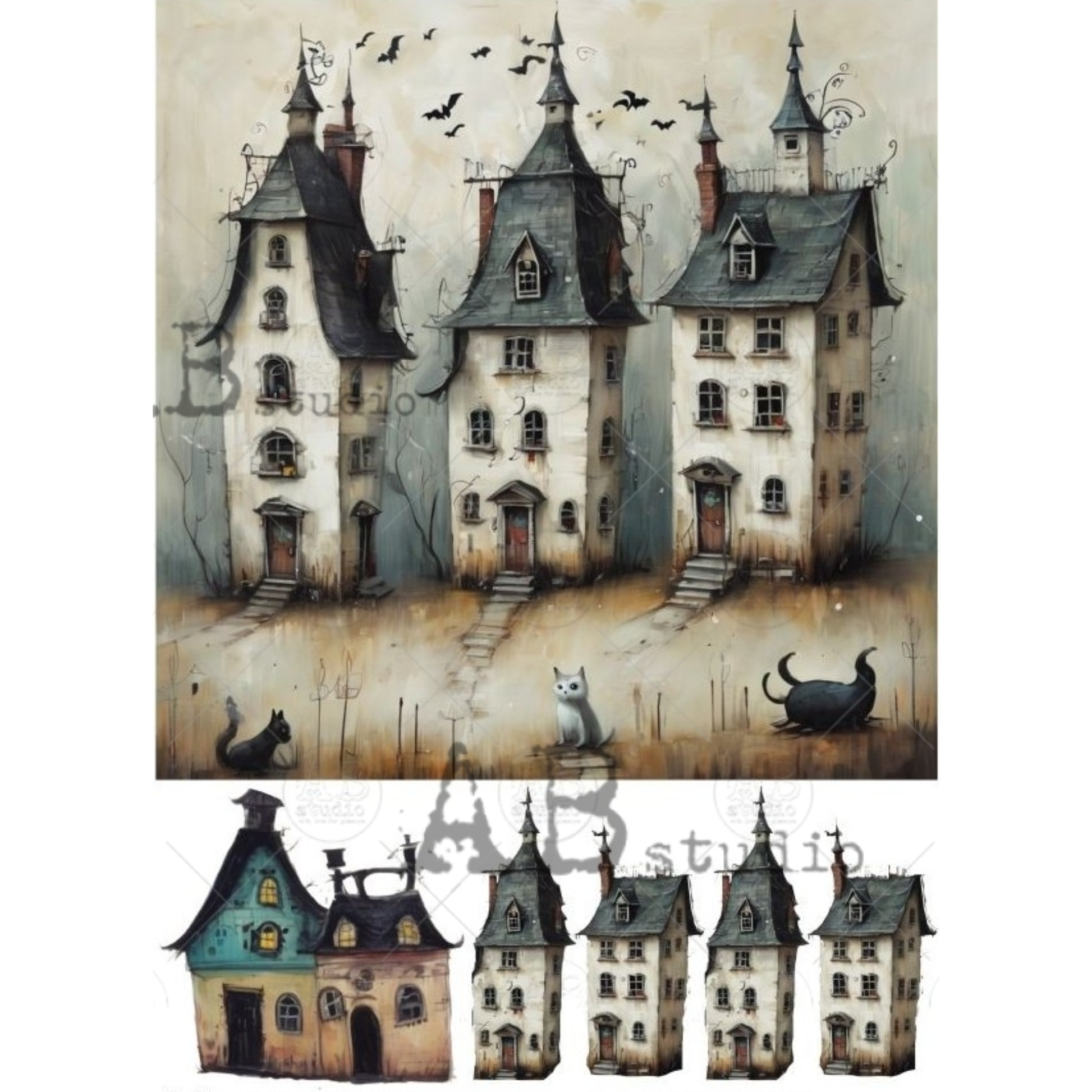 Illustration of sppoky houses with bats flying and cats.