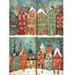 Four-panel illustrations of a snowy village with colorful houses and people.