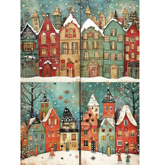 Four-panel illustrations of a snowy village with colorful houses and people.