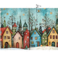 2 panel Illustrations of colorful houses in a snowy village scene with trees and lights.