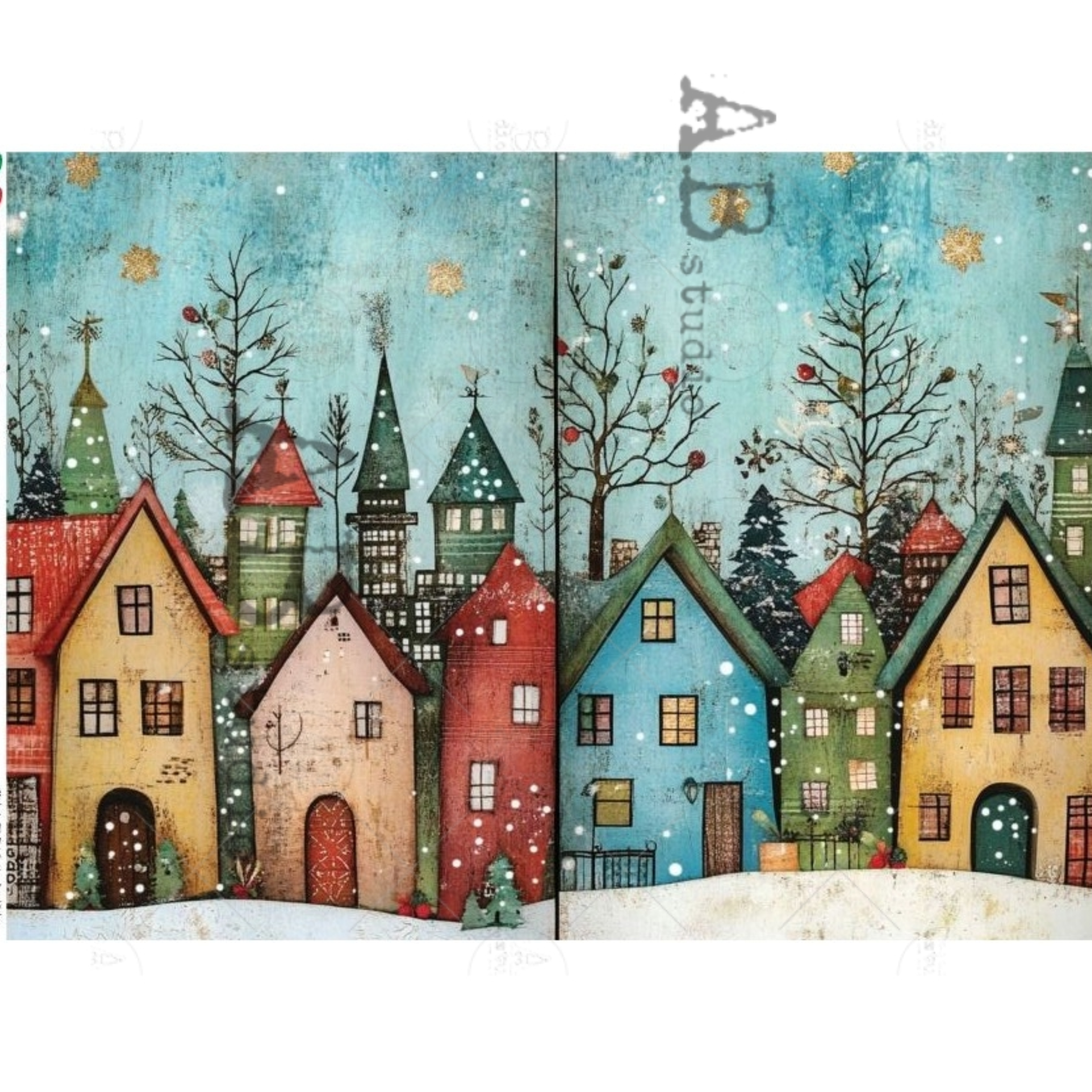 2 panel Illustrations of colorful houses in a snowy village scene with trees and lights.