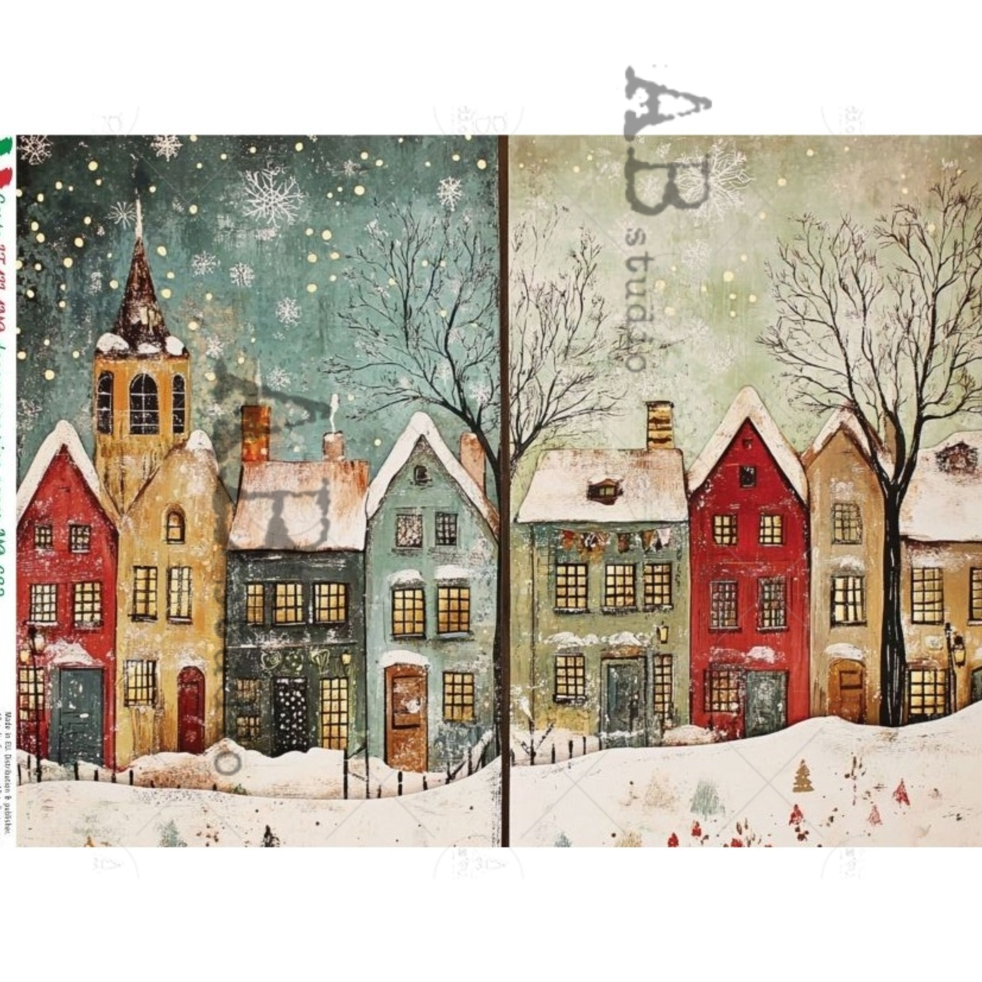 Illustration of a snowy village scene with colorful houses and trees.