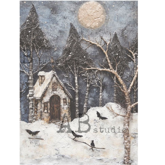 Winter night scene with a small house, trees, and a full moon, bats & birds.