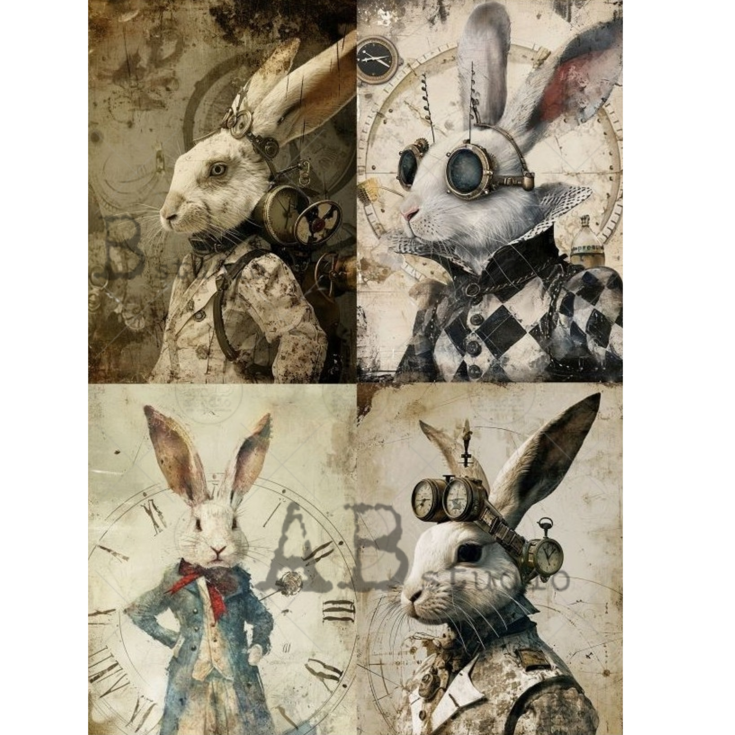 Collage of four stylized rabbit illustrations with steampunk elements on a vintage background.