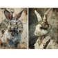 Two artistic illustrations of rabbits with steampunk elements on a textured background.