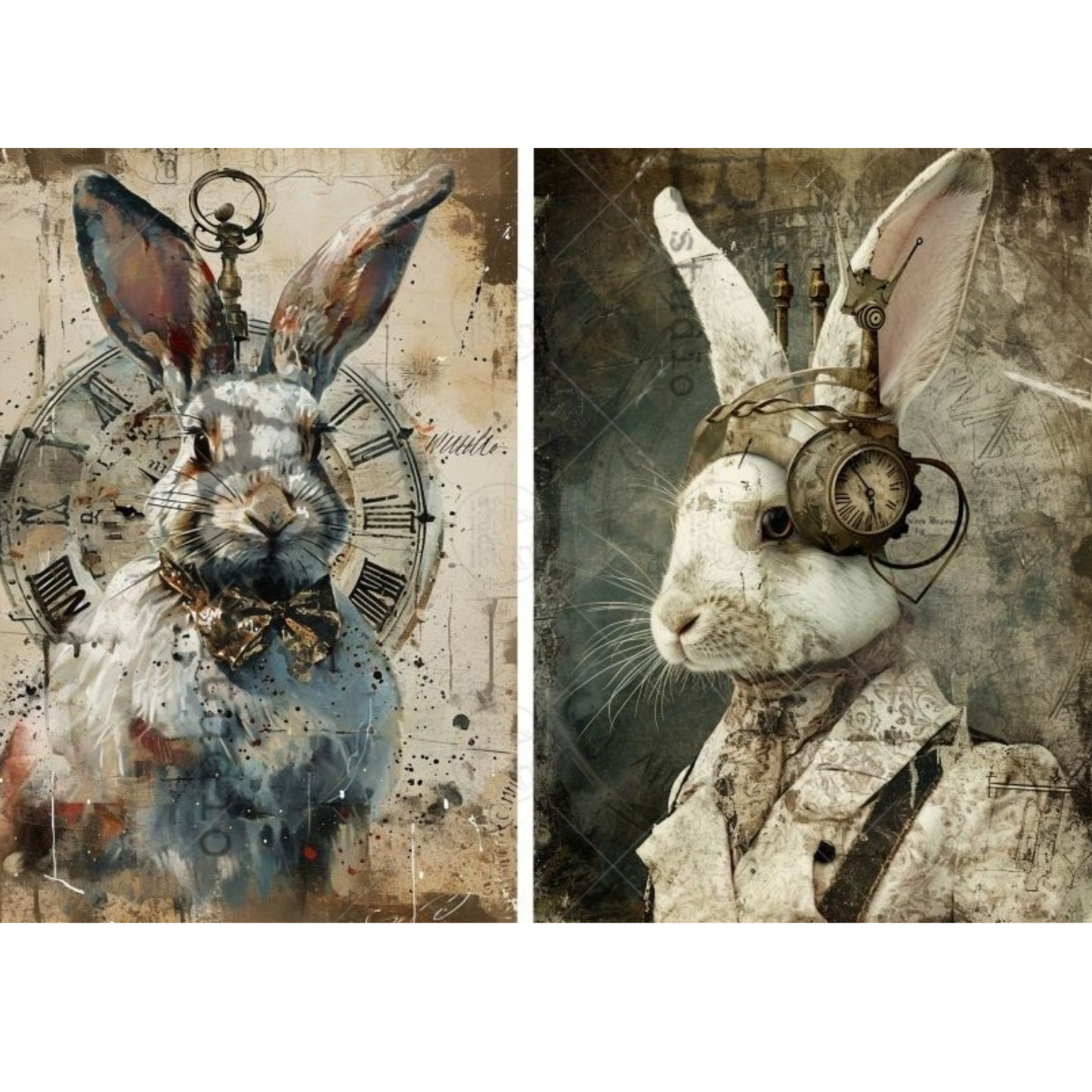 Two artistic illustrations of rabbits with steampunk elements on a textured background.