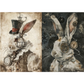 Two artistic illustrations of rabbits with steampunk elements.