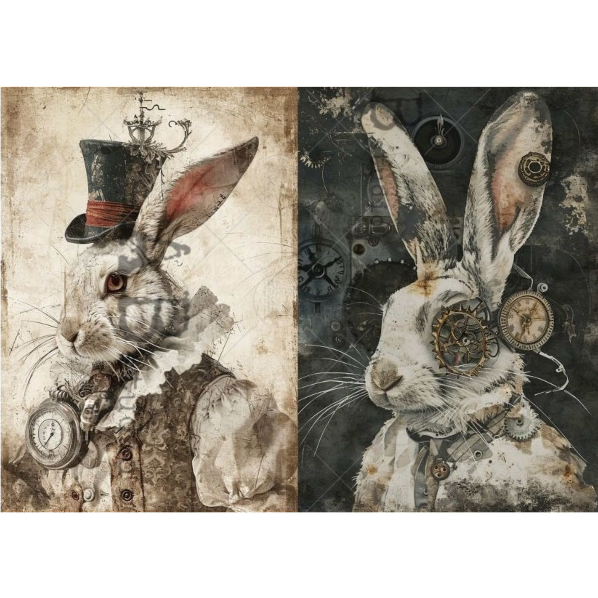 Two artistic illustrations of rabbits with steampunk elements.
