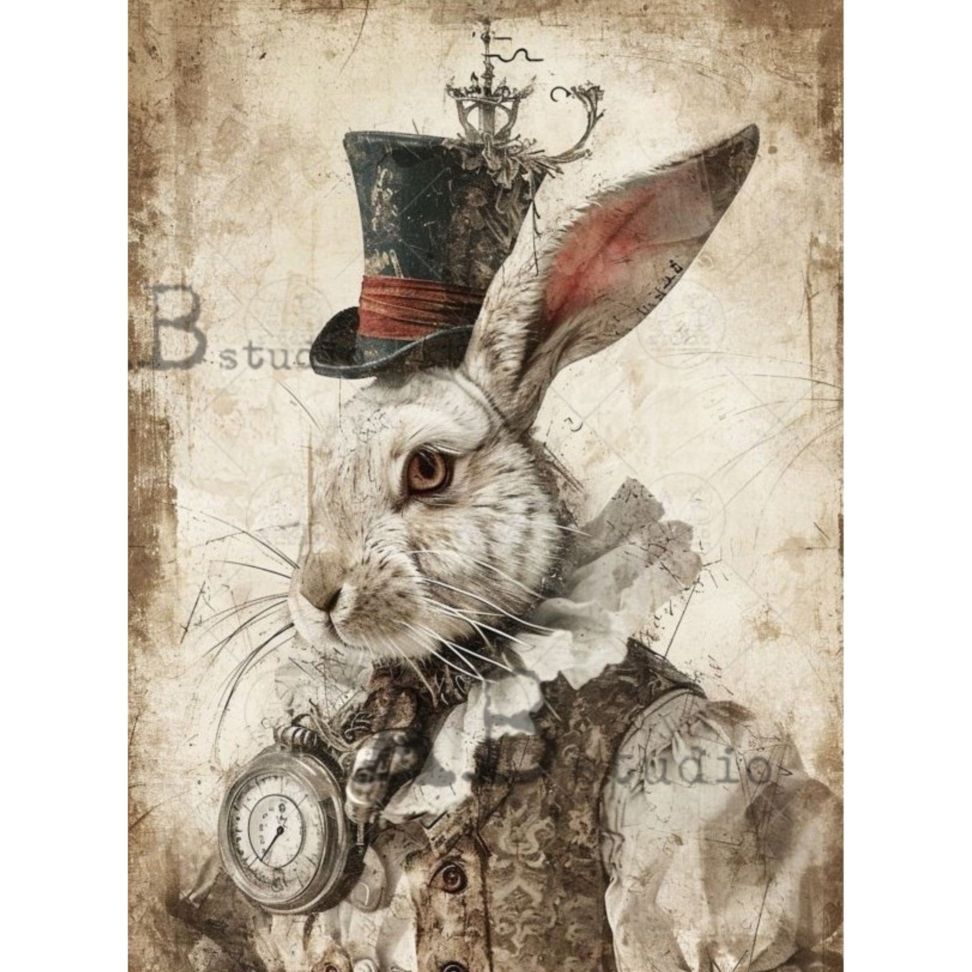 Steampunk rabbit with top hat and pocket watch on vintage background.