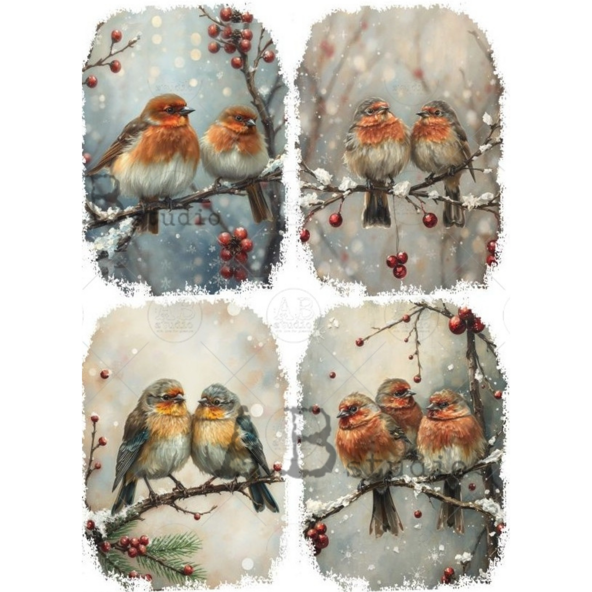 Set of four winter-themed images with birds and berries on branches.
