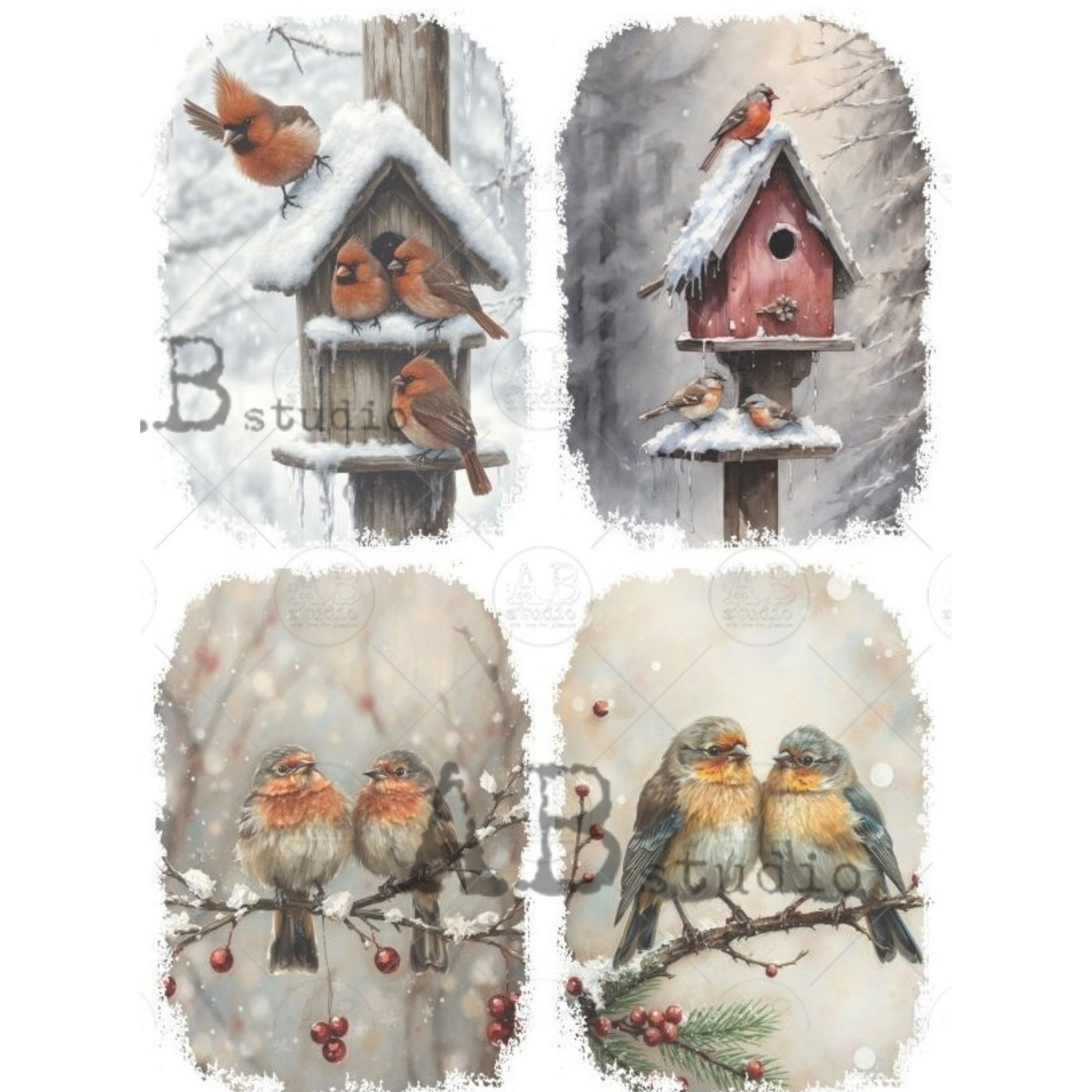 Set of four winter-themed illustrations featuring birds and birdhouses.