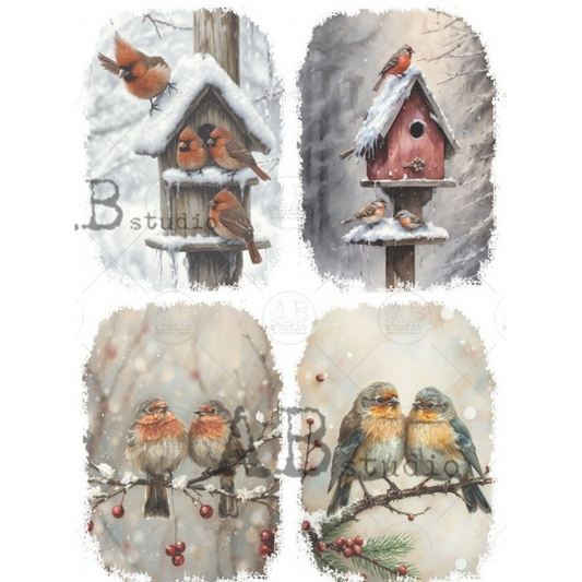 Set of four winter-themed illustrations featuring birds and birdhouses.