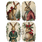 Four vintage-style illustrations of rabbits in festive attire with holly and berries.