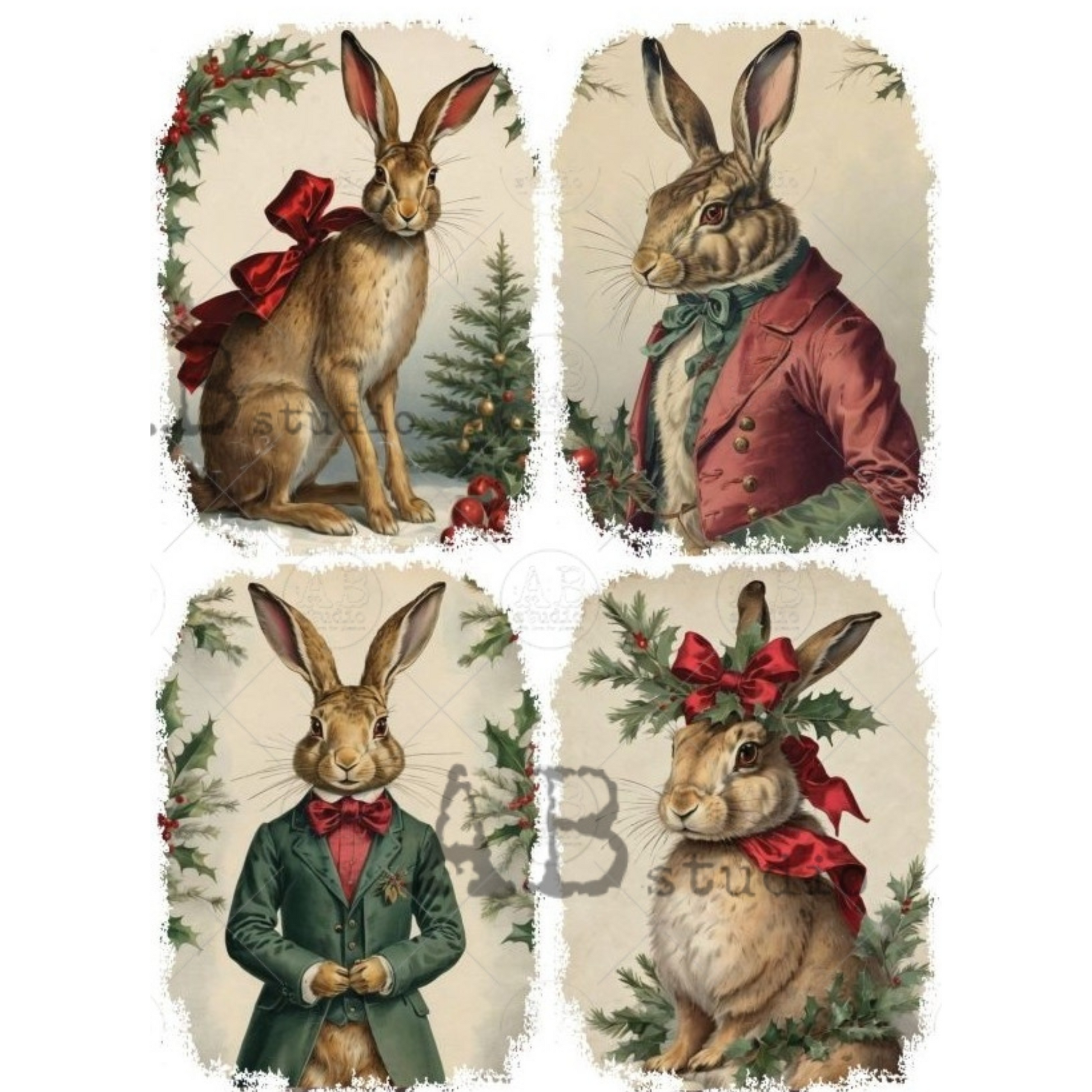 Four vintage-style illustrations of rabbits in festive attire with holly and berries.