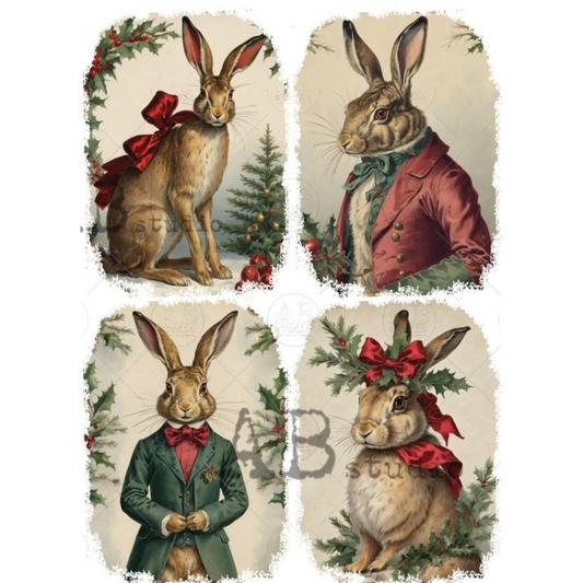 Four vintage-style illustrations of rabbits in festive attire with holly and berries.